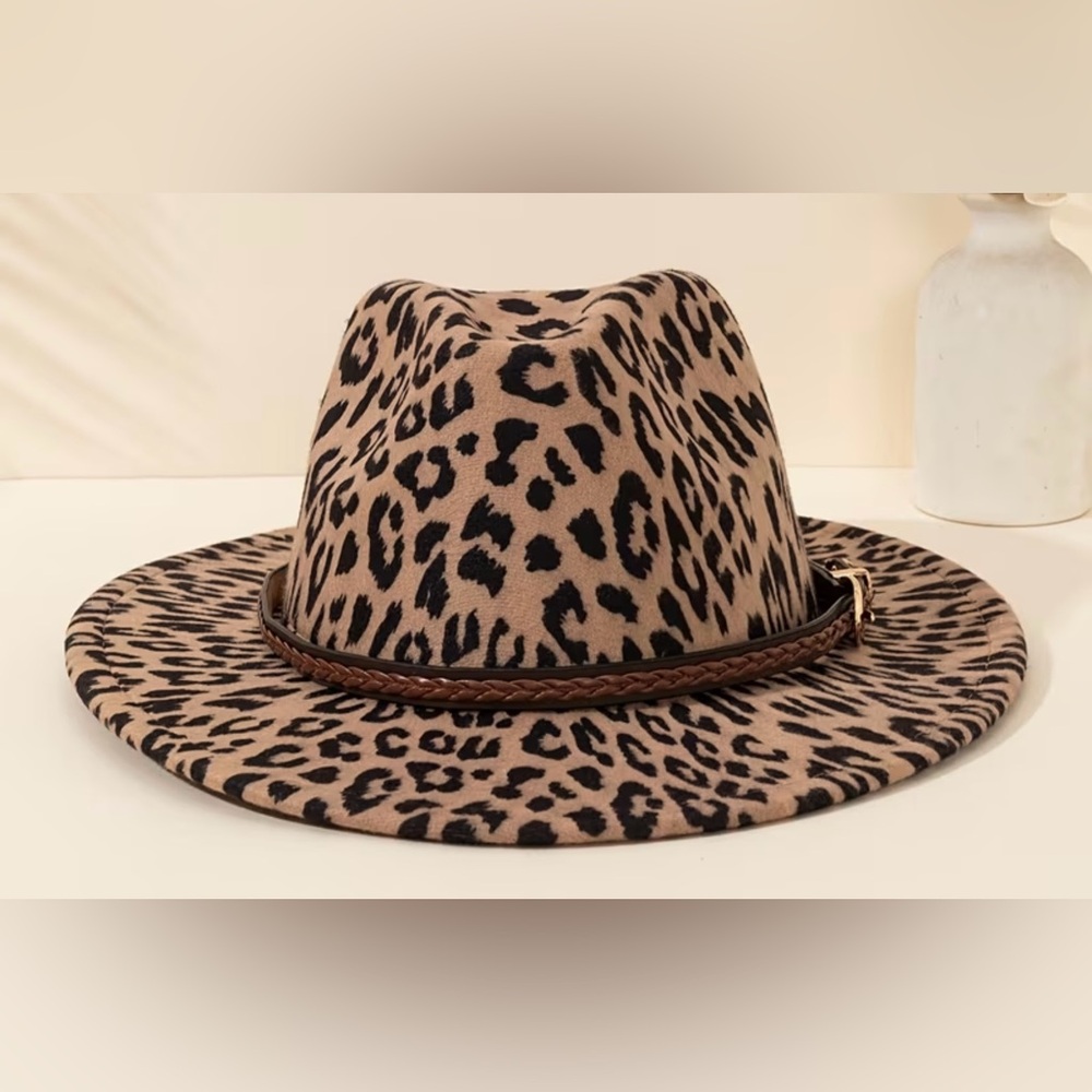 Leopard Print Wide-Brim Fedora Hat - Brown - Picture 1 of 6
